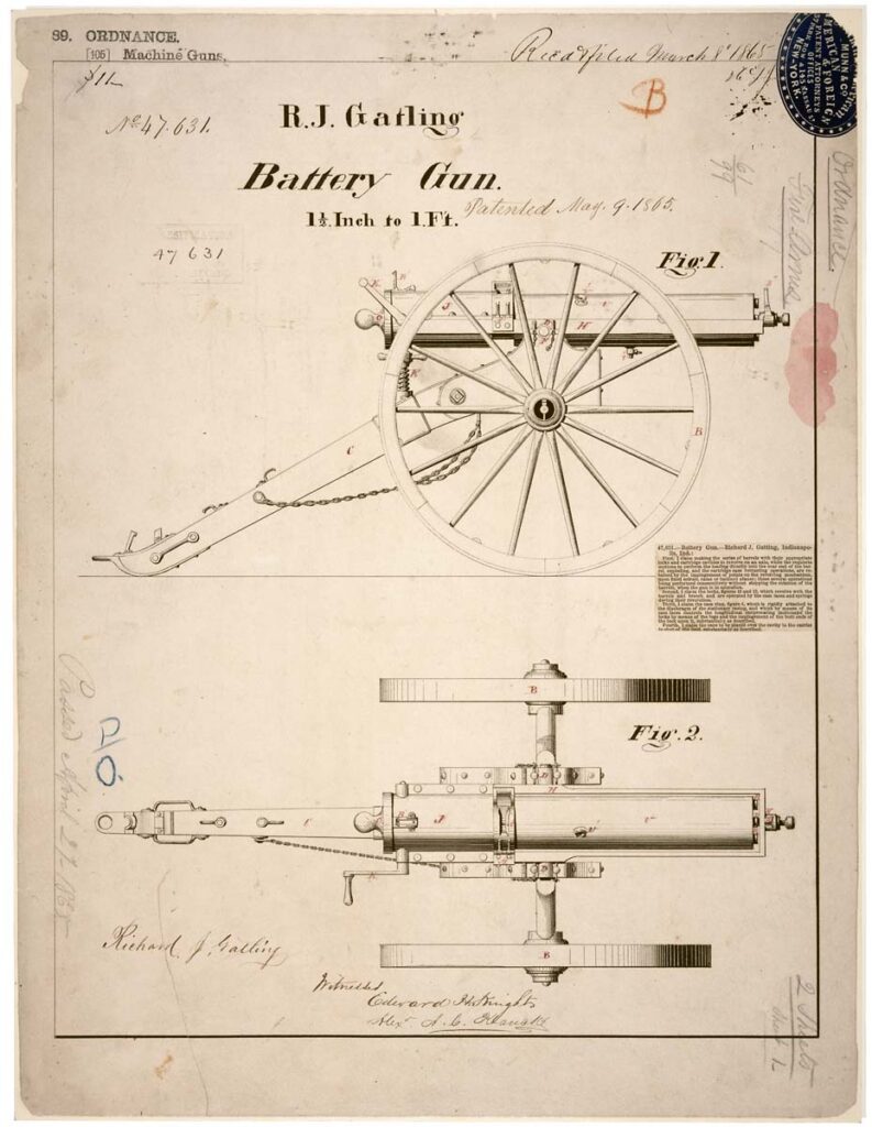 Zeichnung der Gatling Gun von R.J. Gatling